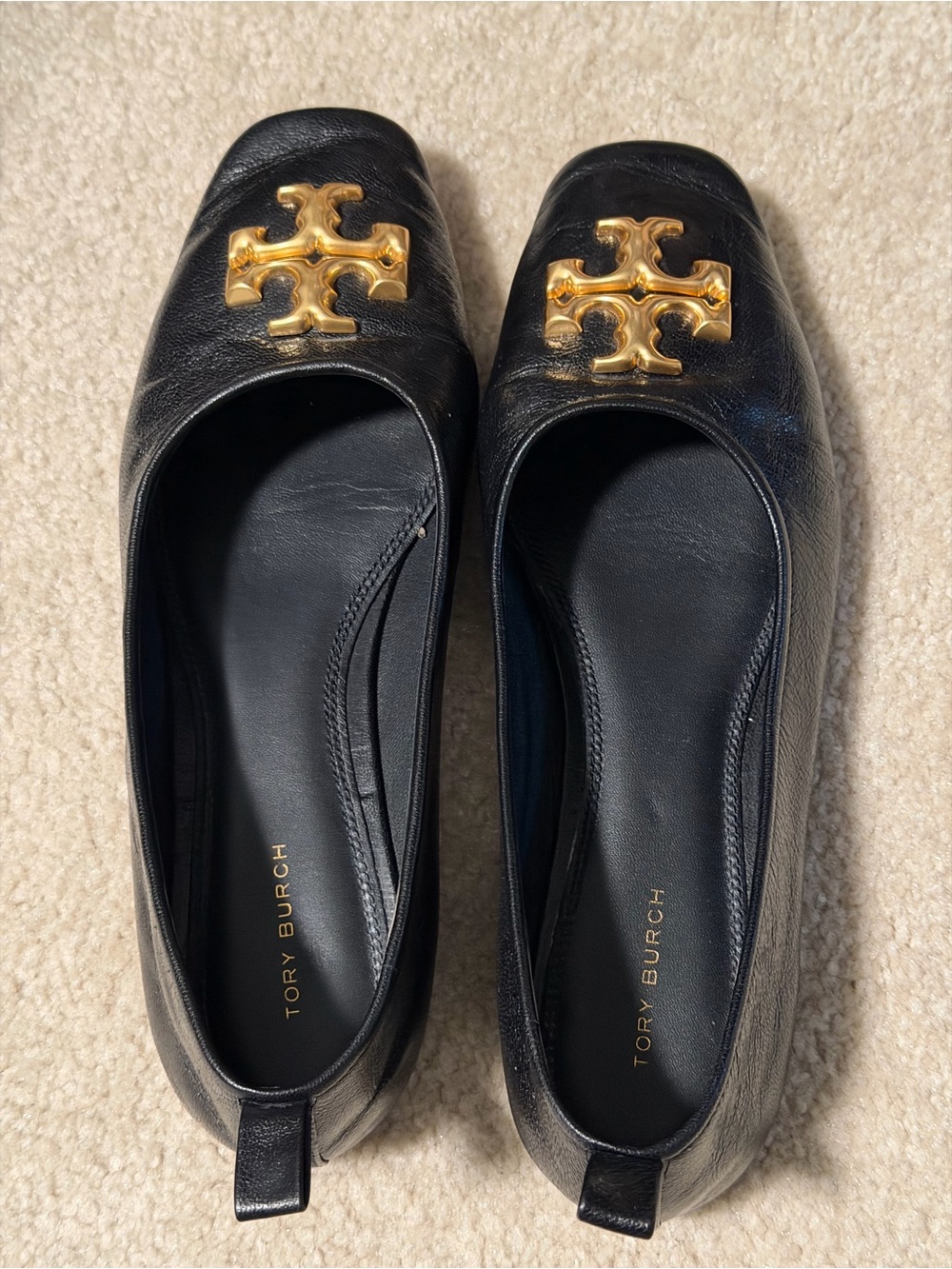 Tory Burch Black Leather Ballet Flats with Gold Logo Accent